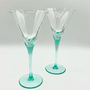 2 Aqua Stemmed Martini, Cocktail Glasses. Calla Lily Design.